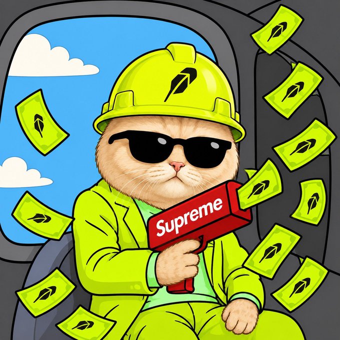 RobinhoodCat in a neon green suit firing green bills
